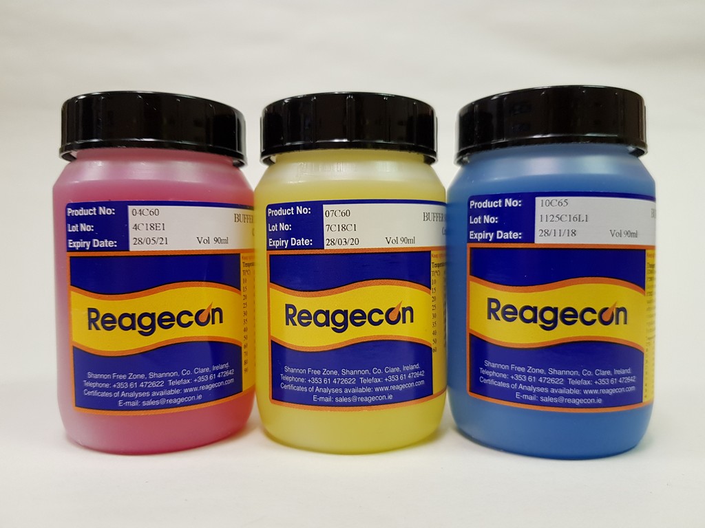 Reagecon pH 4.00, pH 7.00 & pH 10.00 Recal Colour Coded Buffer Solutions at 20C (mixed pack containing 2 of each pH value)